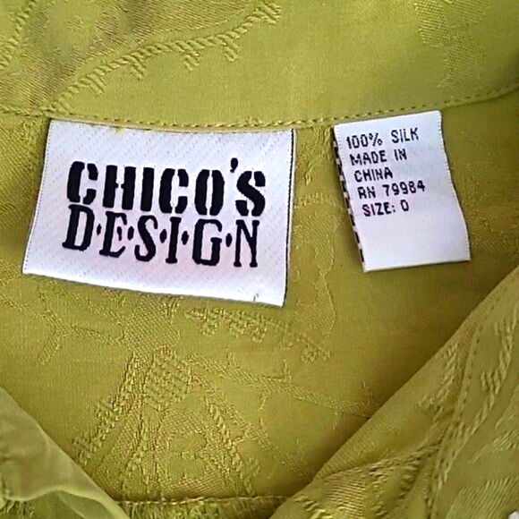 Chicos Design Women's Silk Collared Blouse Green Size 0 Roll Tab Sleeve Floral - Picture 8 of 12